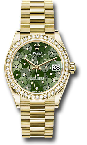 Rolex Yellow Gold Datejust 31 Watch - Diamond Bezel - Olive Green Floral Motif Diamond 6 Dial - President Bracelet
