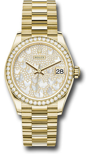 Rolex Yellow Gold Datejust 31 Watch - Diamond Bezel - Paved Mother-of-Pearl Butterfly Dial - President Bracelet