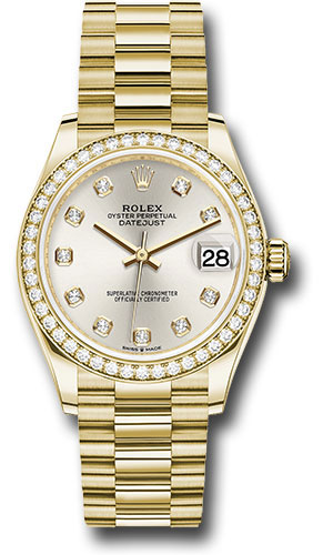Rolex Yellow Gold Datejust 31 Watch - Diamond Bezel - Silver Diamond Dial - President Bracelet