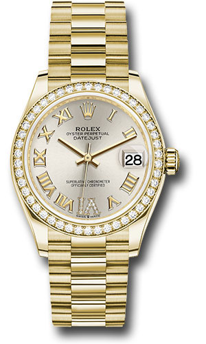 Rolex Yellow Gold Datejust 31 Watch - Diamond Bezel - Silver Diamond Six Dial - President Bracelet