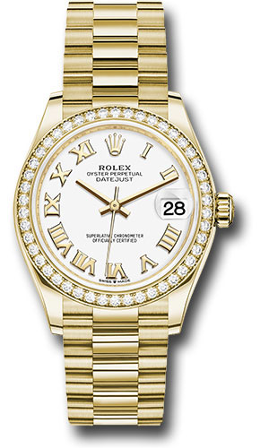 Rolex Yellow Gold Datejust 31 Watch - Diamond Bezel - White Roman Dial - President Bracelet