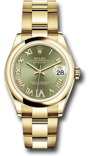 Rolex Yellow Gold Datejust 31 Watch - Domed Bezel - Olive Green Diamond Six Dial - Oyster Bracelet