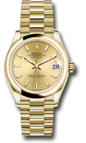 Rolex Yellow Gold Datejust 31 Watch - Domed Bezel - Champagne Index Dial - President Bracele