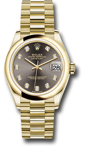 Rolex Yellow Gold Datejust 31 Watch - Domed Bezel - Dark Grey Diamond Dial - President Bracelet