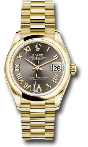 Rolex Yellow Gold Datejust 31 Watch - Domed Bezel - Dark Grey Diamond Six Dial - President Bracelet