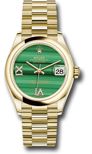 Rolex Yellow Gold Datejust 31 Watch - Domed Bezel - Malachite Diamond Six and Nine Dial - President Bracelet