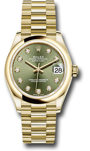 Rolex Yellow Gold Datejust 31 Watch - Domed Bezel - Olive Green Diamond Dial - President Bracelet