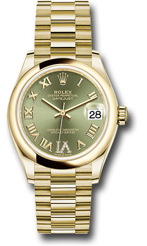 Rolex Yellow Gold Datejust 31 Watch - Domed Bezel - Olive Green Diamond Six Dial - President Bracelet