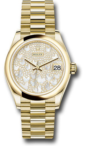 Rolex Yellow Gold Datejust 31 Watch - Domed Bezel - Paved Mother-of-Pearl Butterfly Dial - President Bracelet