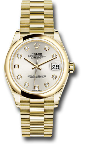 Rolex Yellow Gold Datejust 31 Watch - Domed Bezel - Silver Diamond Dial - President Bracelet