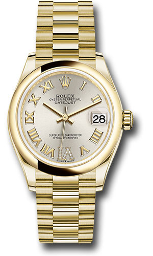 Rolex Yellow Gold Datejust 31 Watch - Domed Bezel - Silver Diamond Six Dial - President Bracelet