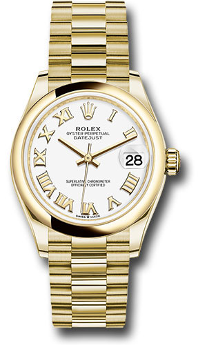 Rolex Yellow Gold Datejust 31 Watch - Domed Bezel - White Roman Dial - President Bracelet