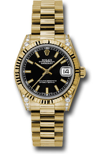 Rolex Yellow Gold Datejust 31 Watch - Fluted Bezel - Black Index Dial - President Bracelet