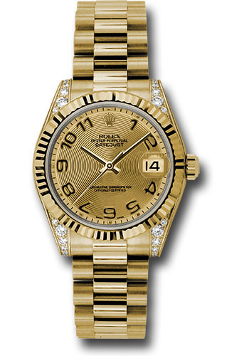 Rolex Yellow Gold Datejust 31 Watch - Fluted Bezel - Champagne Concentric Circle Arabic Dial - President Bracelet