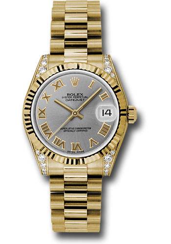 Rolex Yellow Gold Datejust 31 Watch - Fluted Bezel - Gray Roman Dial - President Bracelet