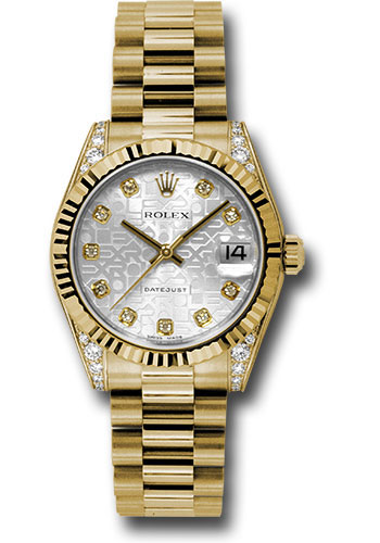 Rolex Yellow Gold Datejust 31 Watch - Fluted Bezel - Silver Jubilee Diamond Dial - President Bracelet