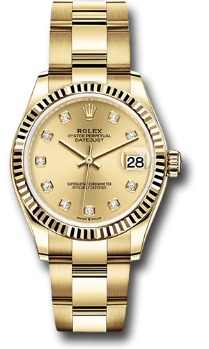 Rolex Yellow Gold Datejust 31 Watch - Fluted Bezel - Champagne Diamond Dial - Oyster Bracelet