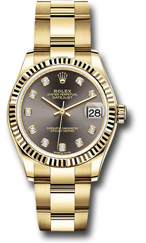 Rolex Yellow Gold Datejust 31 Watch - Fluted Bezel - Dark Grey Diamond Dial - Oyster Bracelet