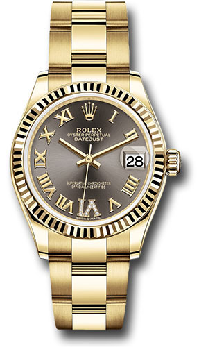 Rolex Yellow Gold Datejust 31 Watch - Fluted Bezel - Dark Grey Diamond Six Dial - Oyster Bracelet