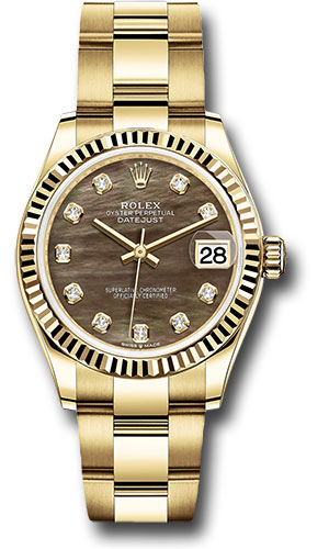 Rolex Yellow Gold Datejust 31 Watch - Fluted Bezel - Dark Mother-of-Pearl Diamond Dial - Oyster Bracelet