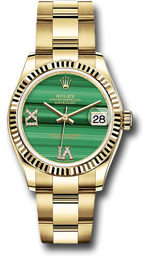 Rolex Yellow Gold Datejust 31 Watch - Fluted Bezel - Malachite Diamond Six and Nine Dial - Oyster Bracelet