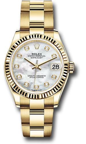 Rolex Yellow Gold Datejust 31 Watch - Fluted Bezel - Mother-of-Pearl Diamond Dial - Oyster Bracelet