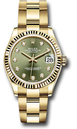 Rolex Yellow Gold Datejust 31 Watch - Fluted Bezel - Olive Green Diamond Dial - Oyster Bracelet
