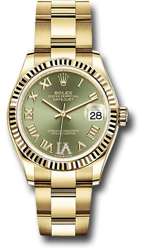 Rolex Yellow Gold Datejust 31 Watch - Fluted Bezel - Olive Green Diamond Six Dial - Oyster Bracelet