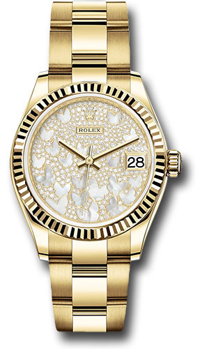 Rolex Yellow Gold Datejust 31 Watch - Fluted Bezel - Paved Mother-of-Pearl Butterfly Dial - Oyster Bracelet