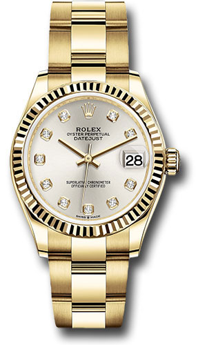 Rolex Yellow Gold Datejust 31 Watch - Fluted Bezel - Silver Diamond Dial - Oyster Bracelet