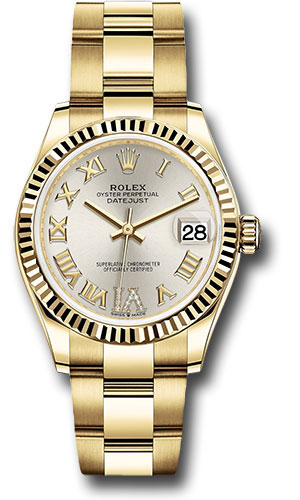 Rolex Yellow Gold Datejust 31 Watch - Fluted Bezel - Silver Diamond Six Dial - Oyster Bracelet