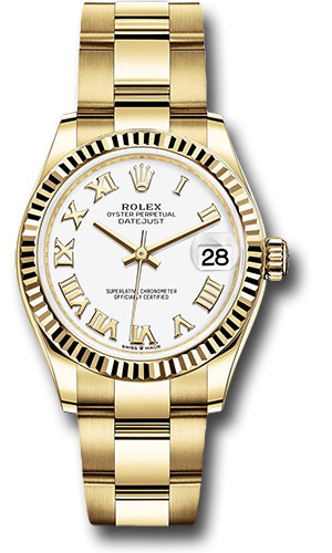 Rolex Yellow Gold Datejust 31 Watch - Fluted Bezel - White Roman Dial - Oyster Bracelet