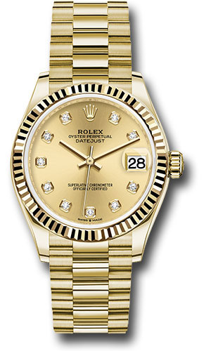 Rolex Yellow Gold Datejust 31 Watch - Fluted Bezel - Champagne Diamond Dial - President Bracelet