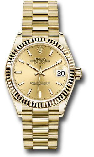 Rolex Yellow Gold Datejust 31 Watch - Fluted Bezel - Champagne Index Dial - President Bracelet
