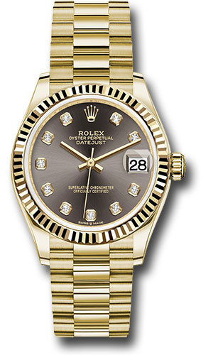 Rolex Yellow Gold Datejust 31 Watch - Fluted Bezel - Dark Grey Diamond Dial - President Bracelet