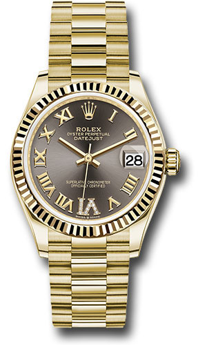 Rolex Yellow Gold Datejust 31 Watch - Fluted Bezel - Dark Grey Diamond Six Dial - President Bracelet