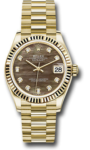 Rolex Yellow Gold Datejust 31 Watch - Fluted Bezel - Dark Mother-of-Pearl Diamond Dial - President Bracelet