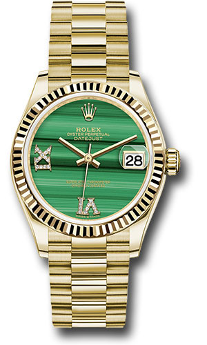 Rolex Yellow Gold Datejust 31 Watch - Fluted Bezel - Malachite Diamond Six and Nine Dial - President Bracelet