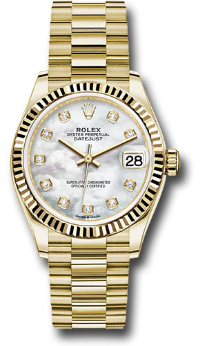 Rolex Yellow Gold Datejust 31 Watch - Fluted Bezel - Mother-of-Pearl Diamond Dial - President Bracelet