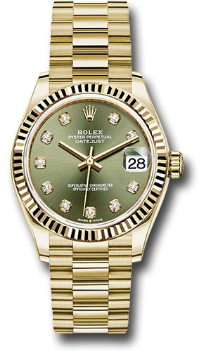 Rolex Yellow Gold Datejust 31 Watch - Fluted Bezel - Olive Green Diamond Dial - President Bracelet