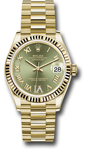Rolex Yellow Gold Datejust 31 Watch - Fluted Bezel - Olive Green Diamond Six Dial - President Bracelet