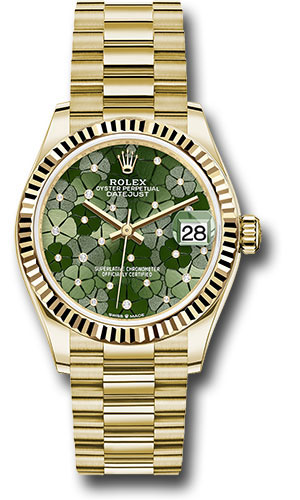 Rolex Yellow Gold Datejust 31 Watch - Fluted Bezel - Olive Green Floral Motif Diamond 6 Dial - President Bracelet