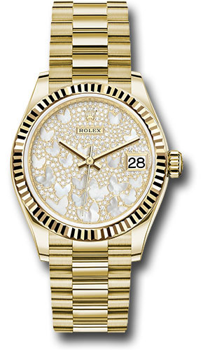 Rolex Yellow Gold Datejust 31 Watch - Fluted Bezel - Paved Mother-of-Pearl Butterfly Dial - President Bracelet