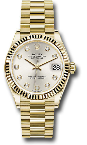 Rolex Yellow Gold Datejust 31 Watch - Fluted Bezel - Silver Diamond Dial - President Bracelet