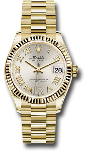 Rolex Yellow Gold Datejust 31 Watch - Fluted Bezel - Silver Diamond Six Dial - President Bracelet