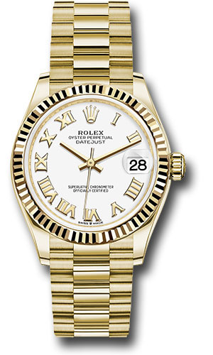 Rolex Yellow Gold Datejust 31 Watch - Fluted Bezel - White Roman Dial - President Bracelet