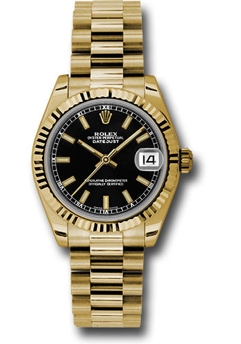 Rolex Yellow Gold Datejust 31 Watch - Fluted Bezel - Black Index Dial - President Bracelet