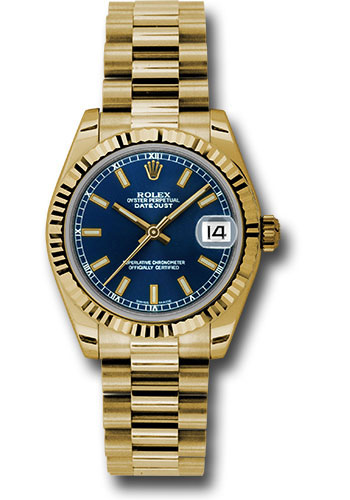 Rolex Yellow Gold Datejust 31 Watch - Fluted Bezel - Blue Index Dial - President Bracelet