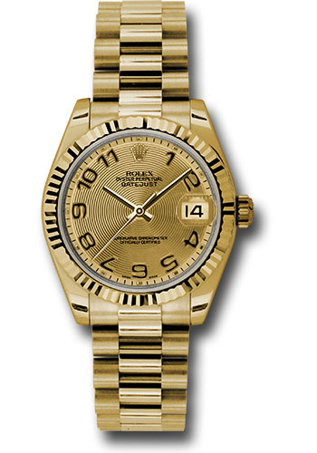 Rolex Yellow Gold Datejust 31 Watch - Fluted Bezel - Champagne Concentric Circle Arabic Dial - President Bracelet