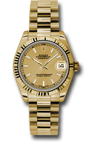 Rolex Yellow Gold Datejust 31 Watch - Fluted Bezel - Champagne Index Dial - President Bracelet